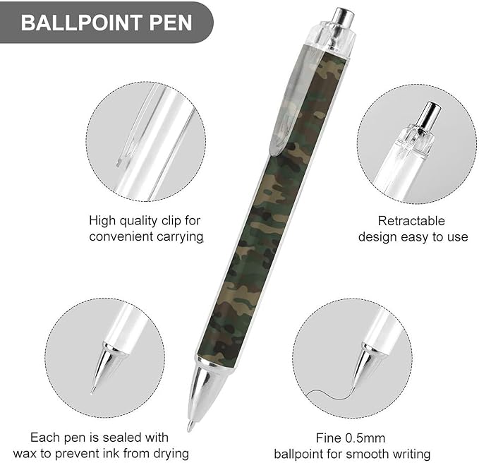 Womens Smooth Writing Pens, Cute Retractable Ballpoint Pens with Black Ink, Army Military Camouflage Tiger Stripe Camo Ball Point Pen Stationary for Teacher Writer, 0.5mm, 2 Pcs
