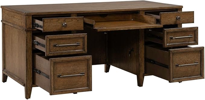Liberty Furniture Carolina Park Jr Executive Desk with Keyboard Tray, Locking File Storage for Home Office- Amber Brown Oak Wood