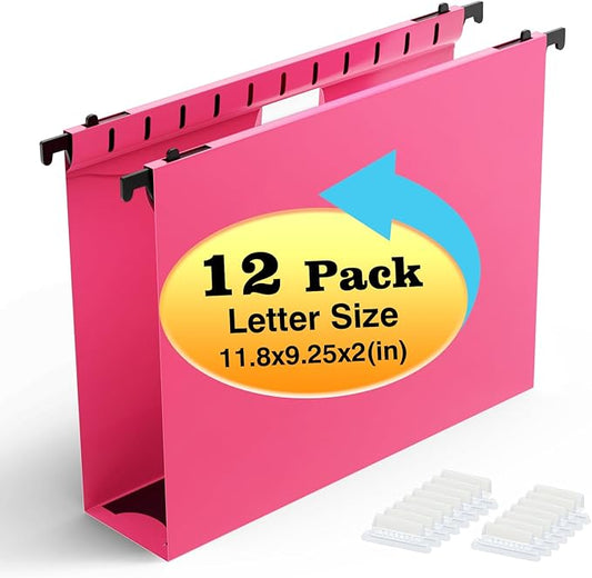 Extra Capacity Plastic Hanging File Folders,12 Pack Reinforced Hang Folders,Heavy Duty 2 Inch Expansion,Plastic Filing Cabinet Folders,Letter Size,Designed for Bulk Files, Medical Charts,Pink