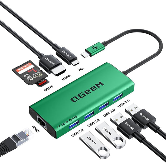 QGeeM USB C Hub Ethernet,9 in 1 USB Type C Hub HDMI Multi-Port Converter Adapter,100W Pd, USB 3.0,SD/TF Card Reader,Compatible for MacBook Pro Air Ipad HP Dell Lenovo Chromebook etc.-Green