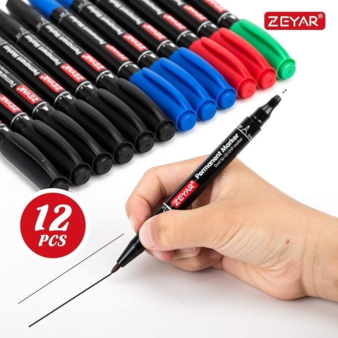 ZEYAR Twin Tip Permanent Markers, CD/DVD Markers, 4 Color, Ultra Fine Point and Fine Point for Signature and Marking (4 Colors, 12 Pack)
