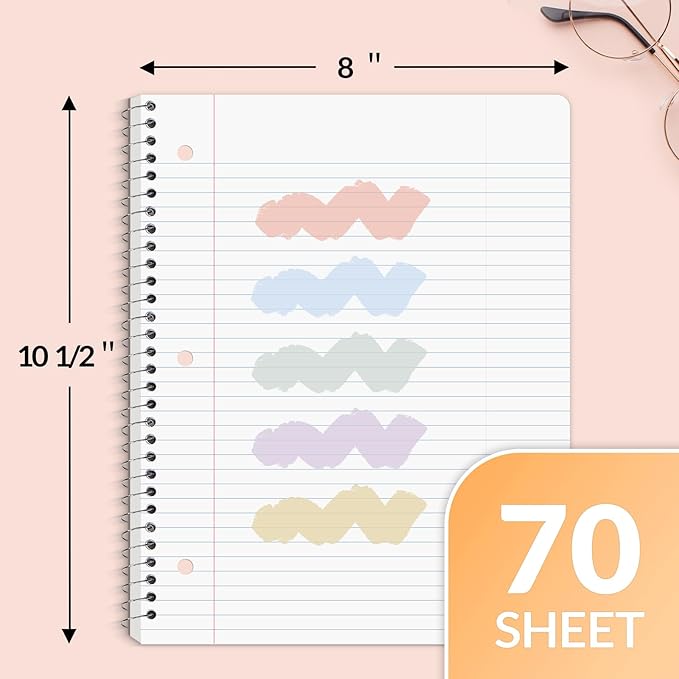 SUNEE Spiral Notebooks, 6 Pack, 1-Subject, College Ruled Paper, 8" x 10-1/2", 70 Sheets per Notebook, Assorted Pastel Colors Spiral Notebooks for School