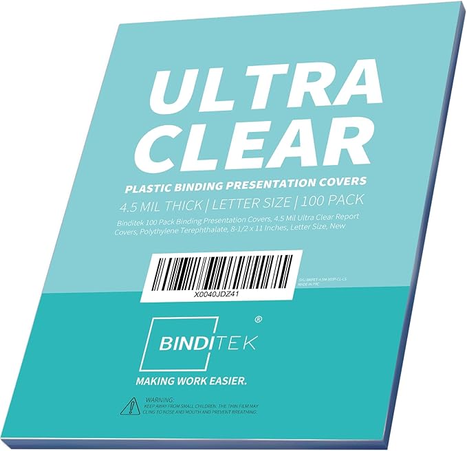 Binditek 100 Pack 4.5 Mil Binding Presentation Covers, Ultra Clear, 8.5 x 11 Inches, Letter Size, Square Corners, Un-Punched