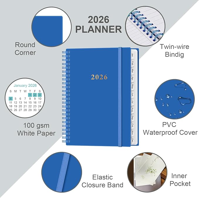 2026 Planner - Planner 2026 from January 2026 - December 2026, Weekly & Monthly Planner Spiral Bound with 12 Monthly Tabs, Inner Pocket, 6.4" x 8.5", Blue-B