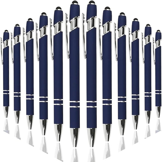 Ballpoint Pen with Stylus Tip, Soft Touch Click Metal Pen, 1.0mm Medium Point, Black Ink, 12 Count(Dark Blue)