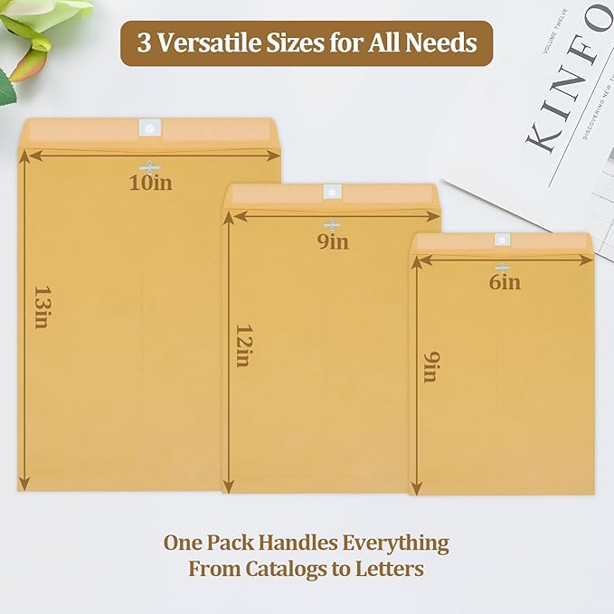 3 Sizes Clasp Envelopes Security Mailing Envelopes with Metal Clasps Kraft Paper Envelopes for Office, School, Home, Shipping Documents, Photos, Mailers (12 Packs)