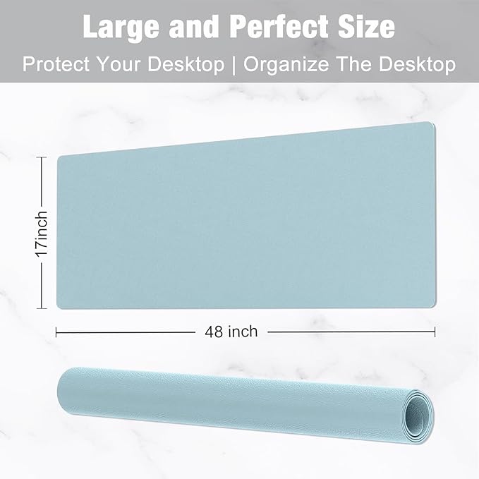 Hsurbtra Desk Pad, 48" x 17" PU Leather Desk Mat, XXXL Extended Mouse Pad, Waterproof Desktop Blotter Protector, Non-Slip Ultra Thin Large Laptop Keyboard Writing Mat for Office Home, Lake Blue