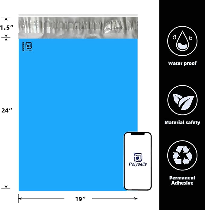POLYSELLS 100 pcs 19x24 Inches Blue Poly Mailers Shipping Envelopes, Strong Adhesive Sealing, Waterproof, and Tear-resistant Postal Mailing Bags for Clothing, Books, and Accessories