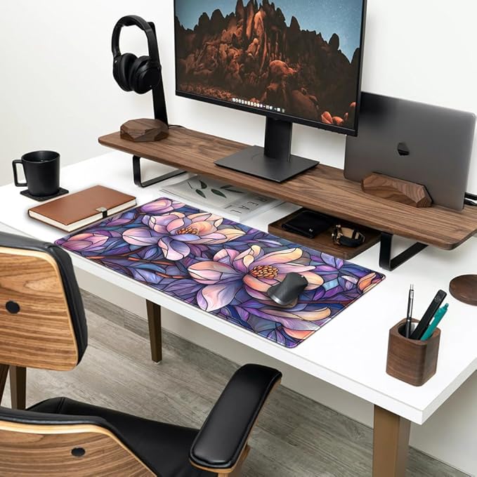 Floral Desk Mat Gaming Large Mouse Pad Desk Keyboard Pad, Long Computer Mat Faux Stained Glass Artistic Patterns Mouse Mat, Aesthetic Floral Purple & Pink Desk Protector Office Decor 31.5" X 15.7"