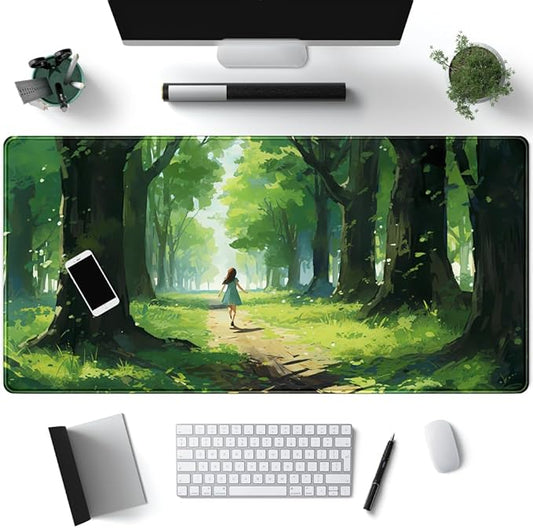 Jungle Anime Green Girl Character Desk Mat Aesthetics Oil Painting Ai Art Gaming Big Mouse Pad for Desk Office Decor for Women Large Desktop Mat Laptop Keyboard Mousepad Pad for Desk 31.5x15.8in