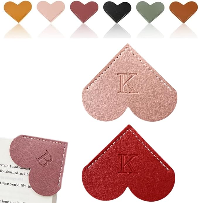 Personalized Leather Heart Bookmark, 26 Letters Customized Corner Book Mark for Reading Women, Book Marker with Initials，Cute Gifts (Red+Light Pink, K)