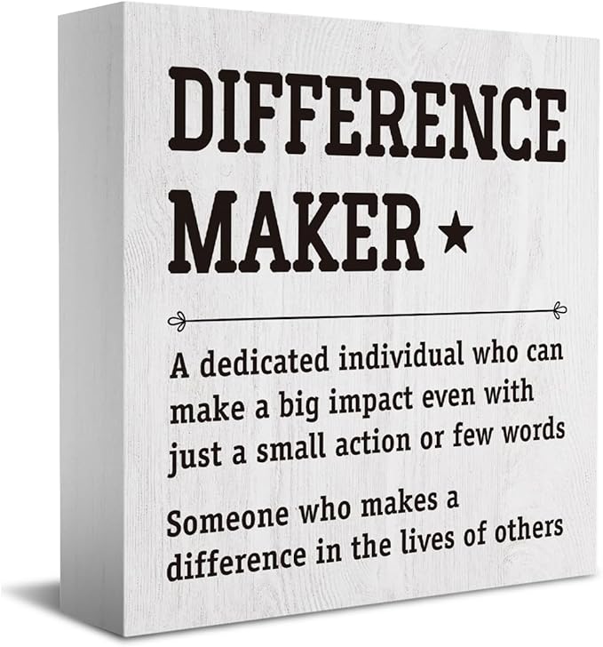 HTBIG Difference Maker Thank You Gifts Office Decor Funny Inspirational Desk Decor Coworker Gifts for Women Men Teacher Boss Day Retirement Rustic Wooden Box Sign for Tabletop Office Bookshelf White
