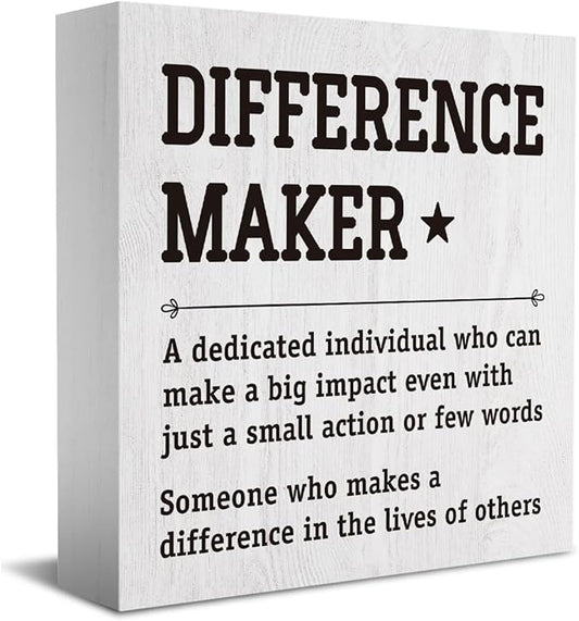 HTBIG Difference Maker Thank You Gifts Office Decor Funny Inspirational Desk Decor Coworker Gifts for Women Men Teacher Boss Day Retirement Rustic Wooden Box Sign for Tabletop Office Bookshelf White