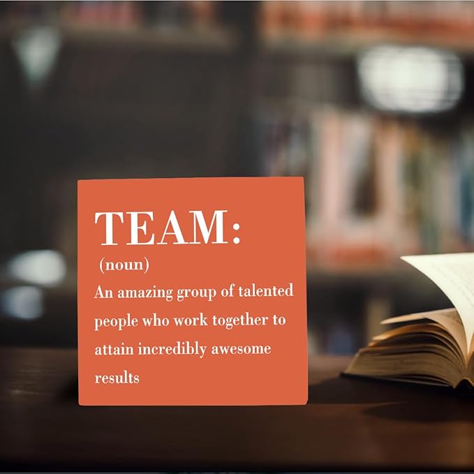 HTBIG Inspirational Team Noun Office Decor Wooden Box Sign, Rustic Black Wood Plaque for Home Desk Shelf Table Decoration, Coworker Gift, Orange