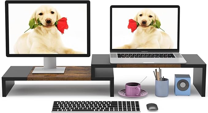 WESTREE Dual Monitor Stand - Riser 2 Shelf Computer with Adjustable Length and Angle, Stands for Monitors, Desktop Organizer PC, Computer, Laptop