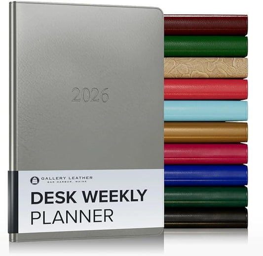 Gallery Leather Desk Weekly Monthly Planner 2025-2026, Elegantly Bound Calendar Planner and Notebook with Stylish Gold-Gilded Page Edges, 12 Months - Freeport Metallic Silver - 8 x 5.5 "