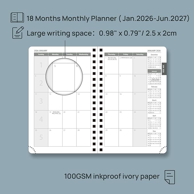 POPRUN Monthly Planner 2026-2027 (Pocket 4.25" x 6.25") 18 Months Calendar (Jan 2026 - Jun 2027) - 4 Pages per Month with Expense & Notes, Leather Cover, Sunday Starts - Pink