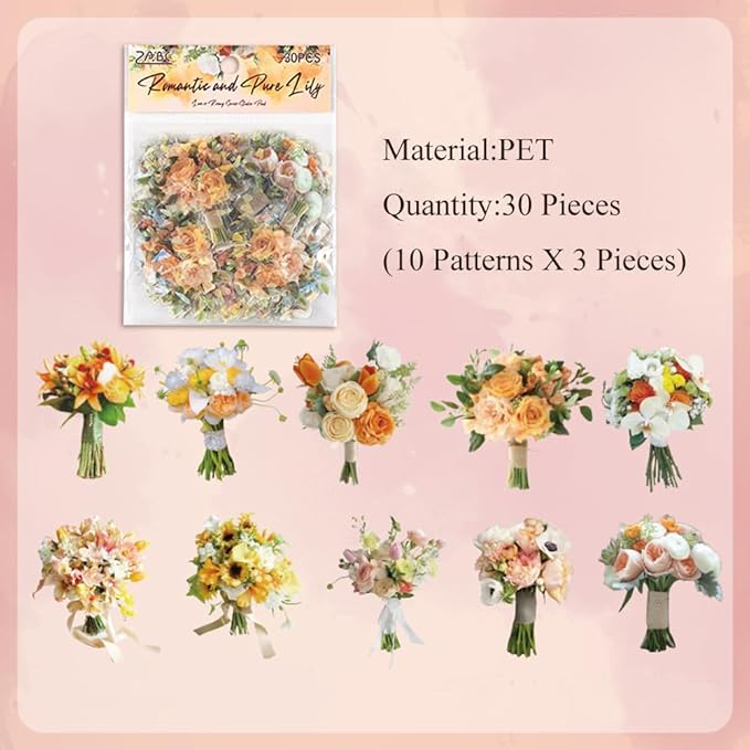 MAFELOE 30 Pieces PET Scrapbook Stickers of Bouquets Theme, Aesthetic Deco Supplies for Junk Bullet Journaling Card Making Daily Planner-Champagne Orange (D-Y4-AYSQ)