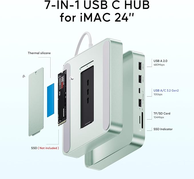 USB C HUB for iMac 24 inch 2021/2023/2024, USB Hub Adapter iMac Accessories for iMac M1/M3/M4 with USB C 10Gbps 3*USB A SD/TF, Docking Station Support Expand M.2 SSD (Not Included), Green