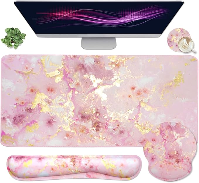 4-in-1 Gaming Mouse Pad Wrist Support Set，Desk Pad + Mouse Pad with Wrist Rest + Keyboard Wrist Rest + Coaster, Ergonomic Design for Home Office Study Game - Pink