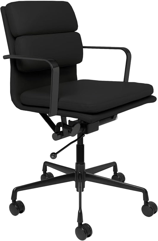 Laura Davidson Furniture SOHO II Padded Management Office Chair - Mid Back Desk Chair with Arm Rest, Swivel & Cushion Availability, Made of Faux Leather, All Black Limited Edition, Computer Chair