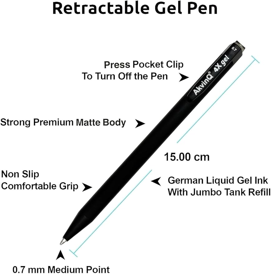 AKVINQ® 4X Gel Retractable Gel Pen | 0.7mm Medium Point | Black Gel Ink Pens | Pack of 36 Pens | Premium Matte Finish | Jumbo Refill - For Journaling, Writing, Note-Taking, Office Supplies