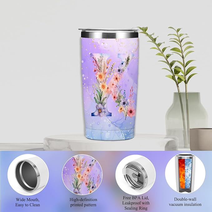 Personalized Gifts Monogrammed Birthday Gifts for Women, Soul Sister Bachelorette Party Wedding Christmas Initial 20 oz Tumbler, Makeup Bag Cup Pens Journal Notebook 6 Set, (Aesthetic Purple Flower K)