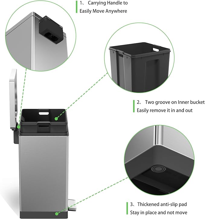 Trash Can with Lid - 30 Liter/8 Gallon Square Stainless Steel Trash Can with Odor Protection Kitchen Garbage Cans with Soft-Close Foot Pedal Step Bin for Bathroom Home Office Silver