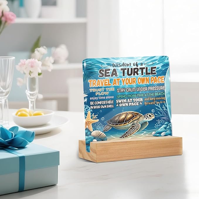Sea Turtles Office Decor Sign, Sea Turtle Inspirational Gifts Clear Acrylic Sign With Wooden Stand, Thank You Gifts for Home Office Desk Decorative Signs for Tabletop Shelf Desk Accessories Decor