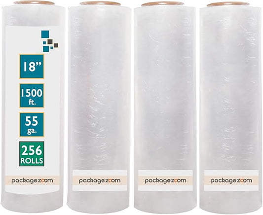 256 Rolls 18" x 1500 Ft Stretch Wrap Heavy Duty, Industrial Strength Shrink Wrap, 55 Gauge High Performance Stretch Film Replaces 80 Gauge Low Films, Clear Hand Stretch Wrap