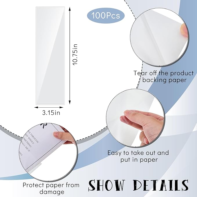 Gueevin 100 Pcs 3.15 x 10.75 Inch Self Adhesive Display Pockets Peel and Stick Clear Paper Sleeves Wall and Door Communication Clear Adhesive Sheet Protector Letter Size Plastic Sheet Protectors
