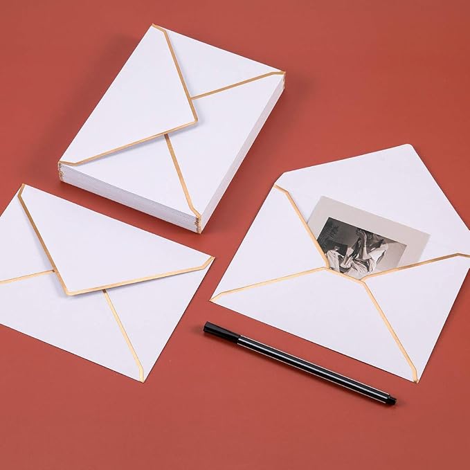 100 Pack A6 Envelopes 4x6 Card Envelopes V Flap with Gold Border for Office, Wedding Gift Cards, Invitations, Graduation, Baby Shower, Parties (White, 4.75 x 6.5 Inches)