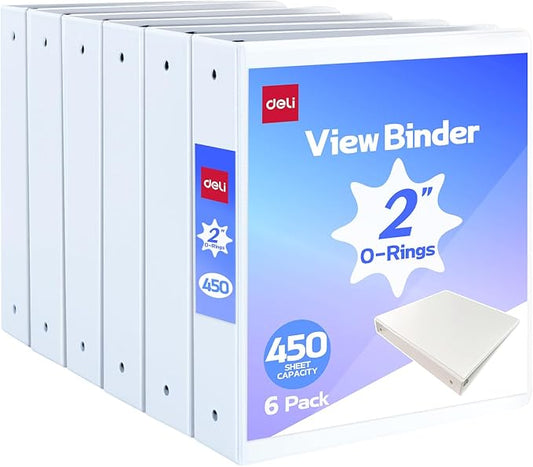Deli 2-inch 3 Ring Binder with 2 Interior Pockets, 450 Sheets Capacity, 2 inch Binders fits 11" x 8.5" US Letter Size, White, 6 Pack