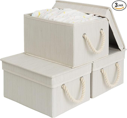 StorageWorks Storage Bins with Lids, Decorative Storage Boxes with Lid and Soft Rope Handles, Foldable Storage Baskets for Closet, Shelves, Stackable, Mixing of Beige, White & Ivory, Medium, 3-Pack