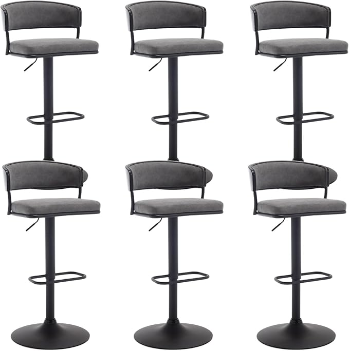 Adjustable Modern Bar Stools Set of 6 Faux Leather Barstools Swivel Counter Height Bar stools with Curved Back/Black Metal Base Comfy Upholstered Bar Chairs for Kitchen Island, Grey