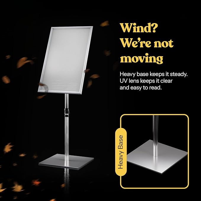 T-SIGN Adjustable Heavy Duty Pedestal Sign Holder Poster Stand - 11x17 Inch Vertical & Horizontal Sign Stand Displayed Poster Holder - Steel Square Base Sign Stands for Display (Silver)