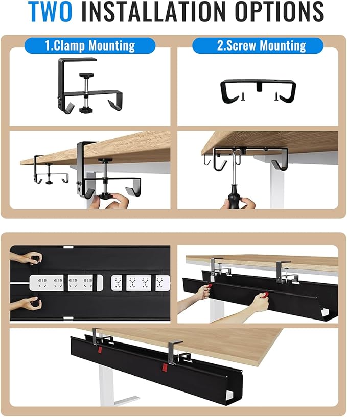 No Drill Cable Management Under Desk, 28" Cord Organizer for Table, Clamp/Screw Mount Cable Tray, Premium Black Fabric Desk Cord Management Tray for Office, Home (Regular (28 in))