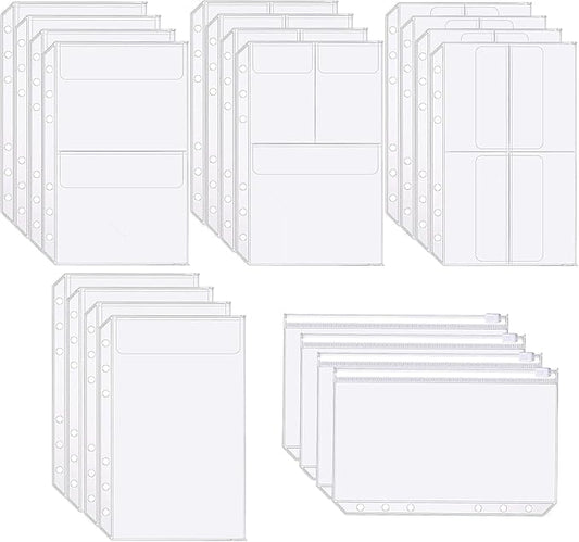 Binder Pockets, 20pcs A5 Size 6 Holes Binder Pockets, [Waterproof PVC Pouch] Premium Clear Binder Zipper Folders Document Filing Bags for 6-Ring Notebook Binder Loose Leaf Bags,-Clear