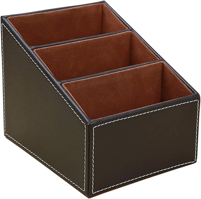 KINGFOM Remote Control Holder with 3 Compartments, Pu Leather Remote Caddy Desktop Organizer for TV, CD, Blu-Ray, Media Player, Heater Controllers and Cosmetics Office Supplies(Brown)
