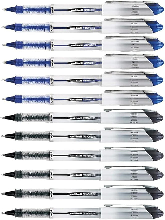 Vision Elite Rollerball Pens, Bold Point (0.8mm), Black/Blue Ink, 12 count, Bundle with Plastic Reusable Pouch