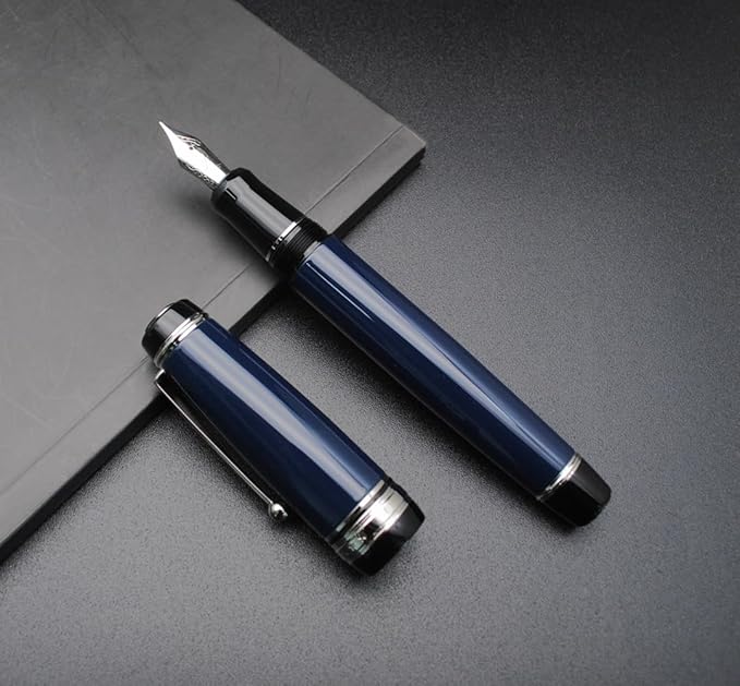 Metal Big Fountain Pen Set Medium Nib 0.7mm, Includes Ink Refill Converter, 5 Ink Cartridges & Gift Box (Medium Nib 0.7mm, Dark Blue with Silvery Clip)