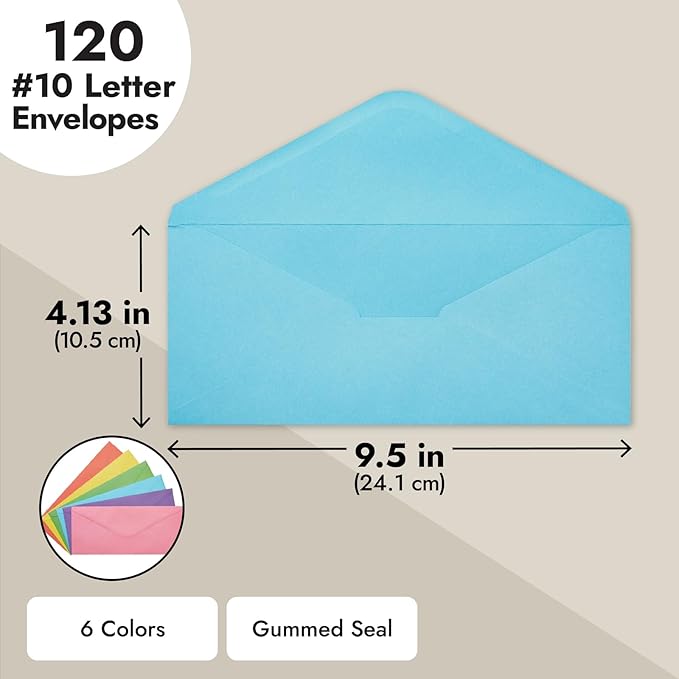 Sustainable Greetings Business Mailing Envelopes - Assorted Color Envelopes - Gummed V-Flap Seal - High-Volume Bulk Office Supply - 4.125 x 9.5 in, Pack of 120, Multicolored