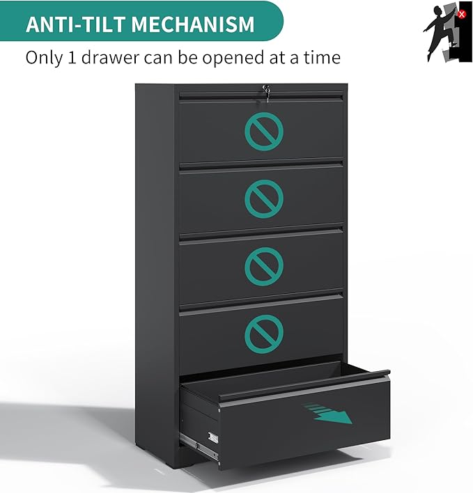 5 Drawer Lateral File Cabinet, Metal Filing Cabinets for Home Office, Steel Storage Wide File Cabinet for Letter/Legal/F4/A4 Size with Hanging Bars, Assembly Required (Black)