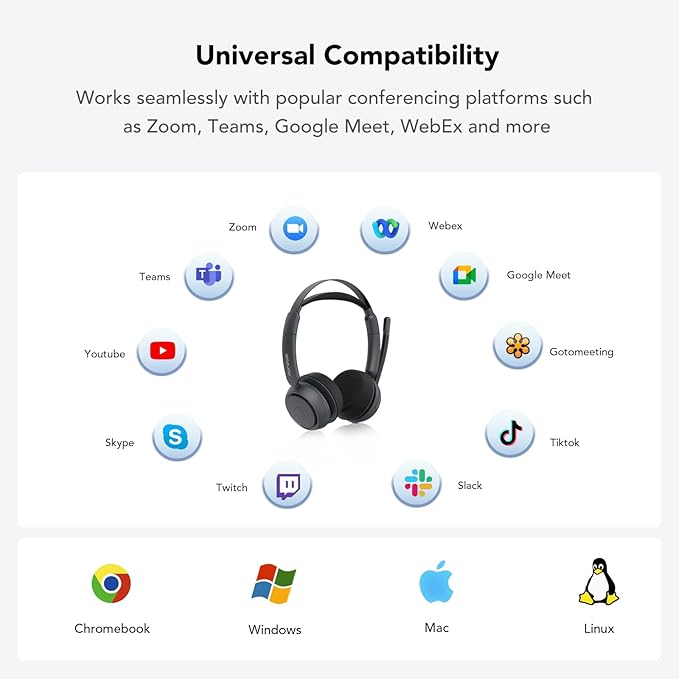NUROUM Wireless Headset with Mic for Work, Bluetooth Headset with Noise Cancelling Microphone, Mute Button, USB for PC/Computer/Laptop for Zoom/Teams, Office/Call Center/Work from Home HP31DN