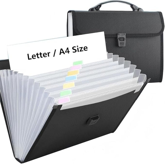 12 Pockets Letter Size/A4 Accordion File Organizer with Handle, TRANBO Expanding File Folder, Portable Paper Organizer, Expandable Plastic Document Organizer for Travel School Office - Black