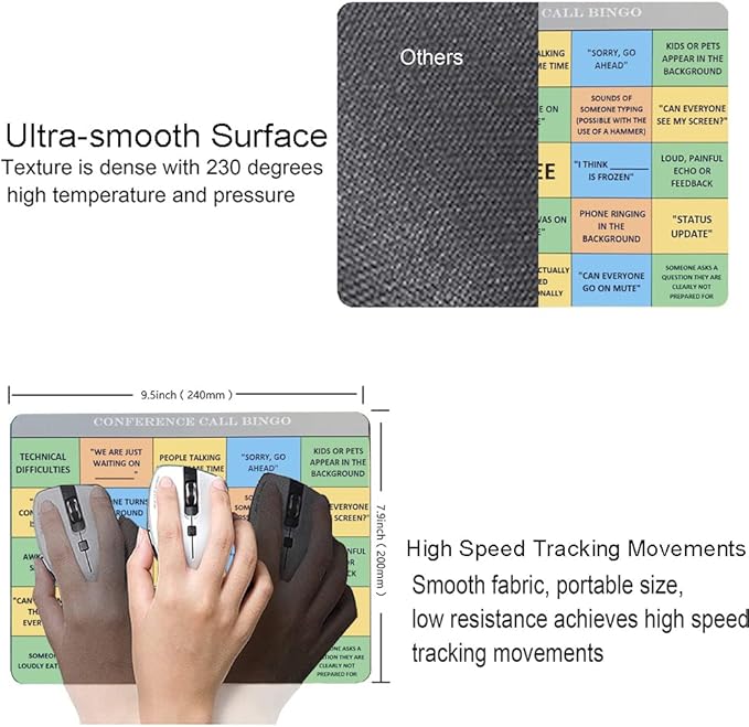 Mouse Pad, Conference Call Bingo Mouse Pad, Washable Square Cloth Mousepad for Office Laptop, Non-Slip Rubber Computer Mouse Pads for Wireless Mouse, Personalized Gift Mouse Pads for Desk