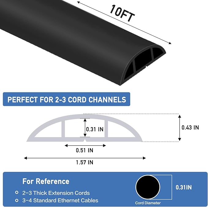 Floor Cord Cover Self Adhesive Cord Hider Floor Extension Cord Covers for Floor Power Cord Protector Cable Management Prevent Cable Trips Cable Cavity 0.51" W x 0.31" H (Black, 10Ft)