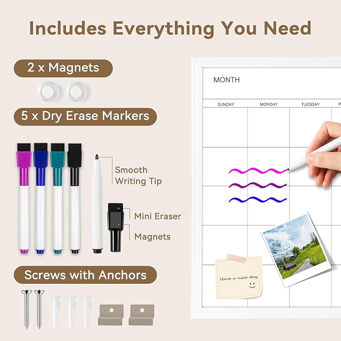 VUSIGN Magnetic Dry Erase Calendar White Board for Wall, 30"x20" Calendar Whiteboard, White Wood Style Frame, Includes 2 Magnets and 5 Markers