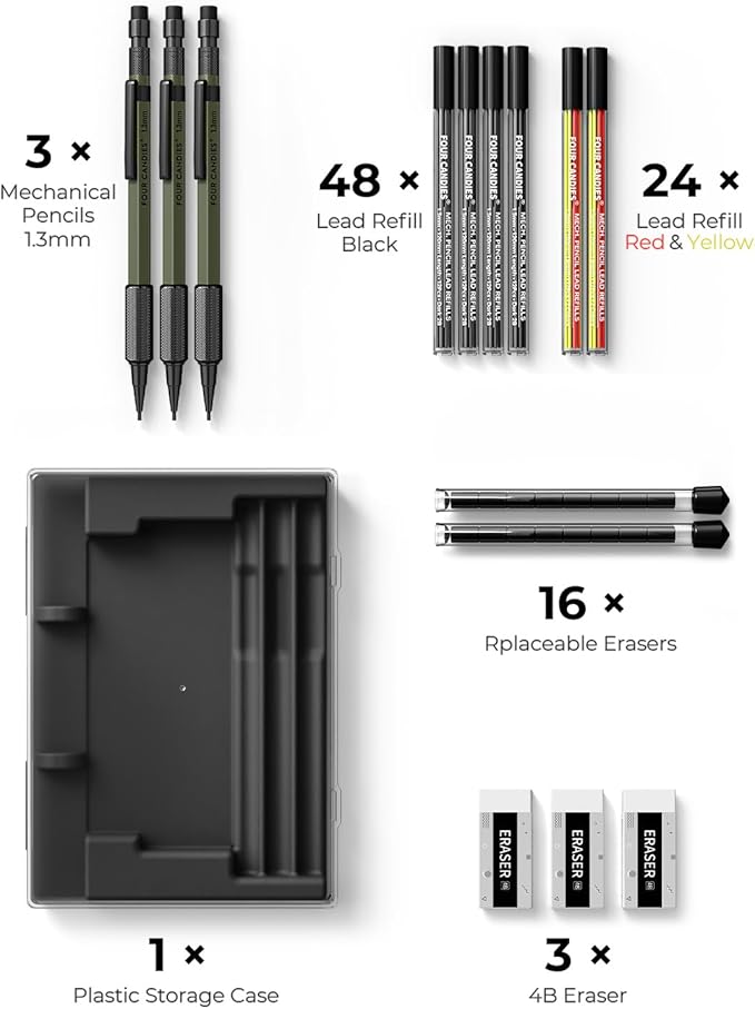 Four Candies 1.3mm Mechanical Pencil Set with 72 Lead Refill, 3PCS Metal Weatherproof Body Heavy Duty Carpenter Pencil, 3 Eraser, 16 Eraser Refill, for Outdoor Woodworking Drafting Marking with Case