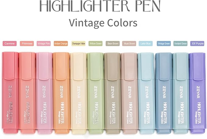 ZEYAR Highlighter Pen, Vintage Colors Chisel Tip Markers, Water Based, Quick Dry, No Bleed, for Bible Study Notes School Office (12 Vintage Colors)